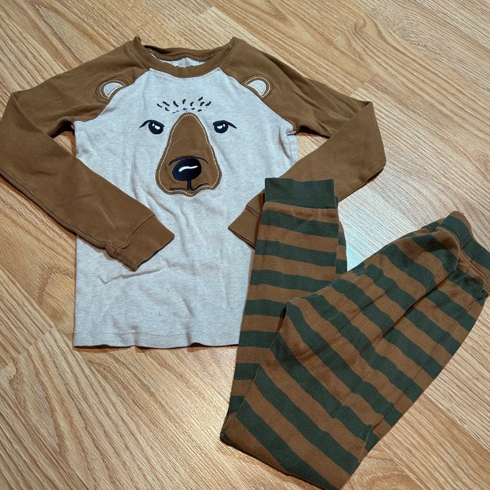 Member's Mark Boys 5T Bear Face Pajamas Set Brown Tan Striped Cotton
